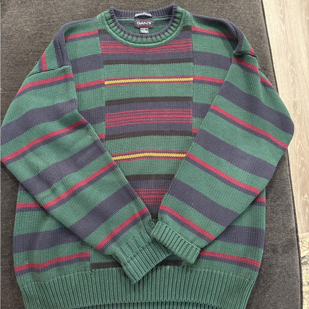 Gant Green and Red Crewneck Sweater with Striped Design